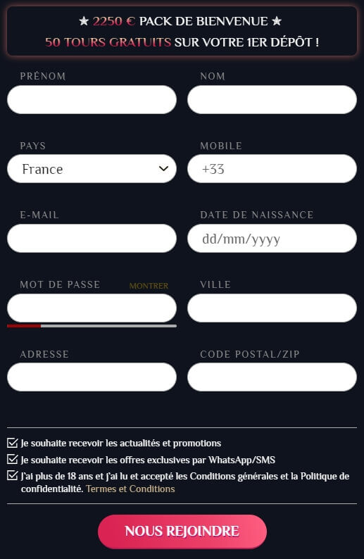 Inscription Inscription au Vegas Plus Casino