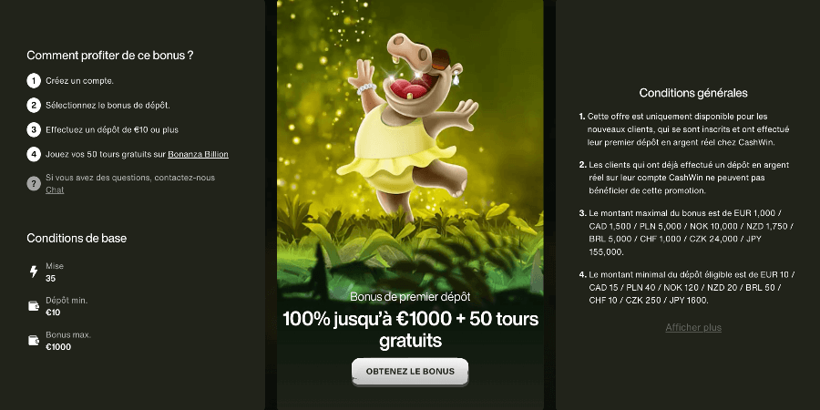 Bonus de Bienvenue Cashwin Casino Bonus de Bienvenue