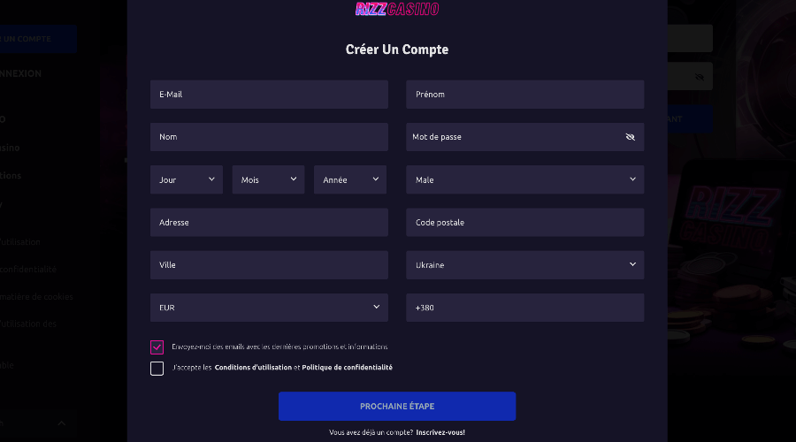 Inscription Rizz Casino Inscription