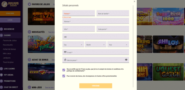 Inscription Inscription au Julius Casino