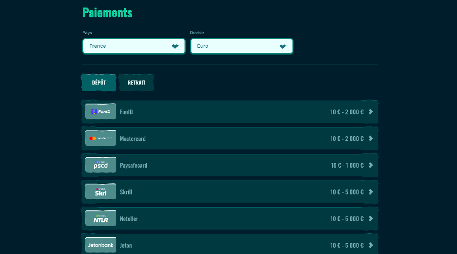 Paiements Spinanga Casino Paiements